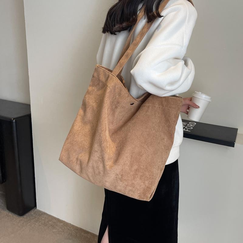 Borsa Tote In Velluto A Coste Marrone Per Donna, Con Tasche Multiple | Borsa A Tracolla E A Mano Per Lavoro, Viaggi E Shopping, Capiente E Pratica - copertina