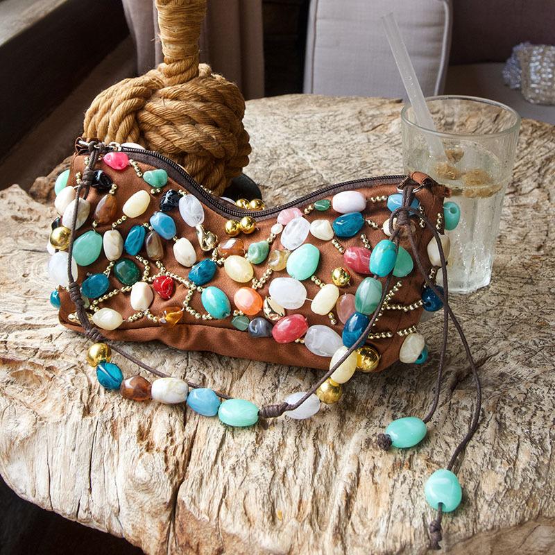 

Personalized ethnic style colored stone beaded decorative shoulder bag underarm bag street trend women s bag handbag темно-коричневого