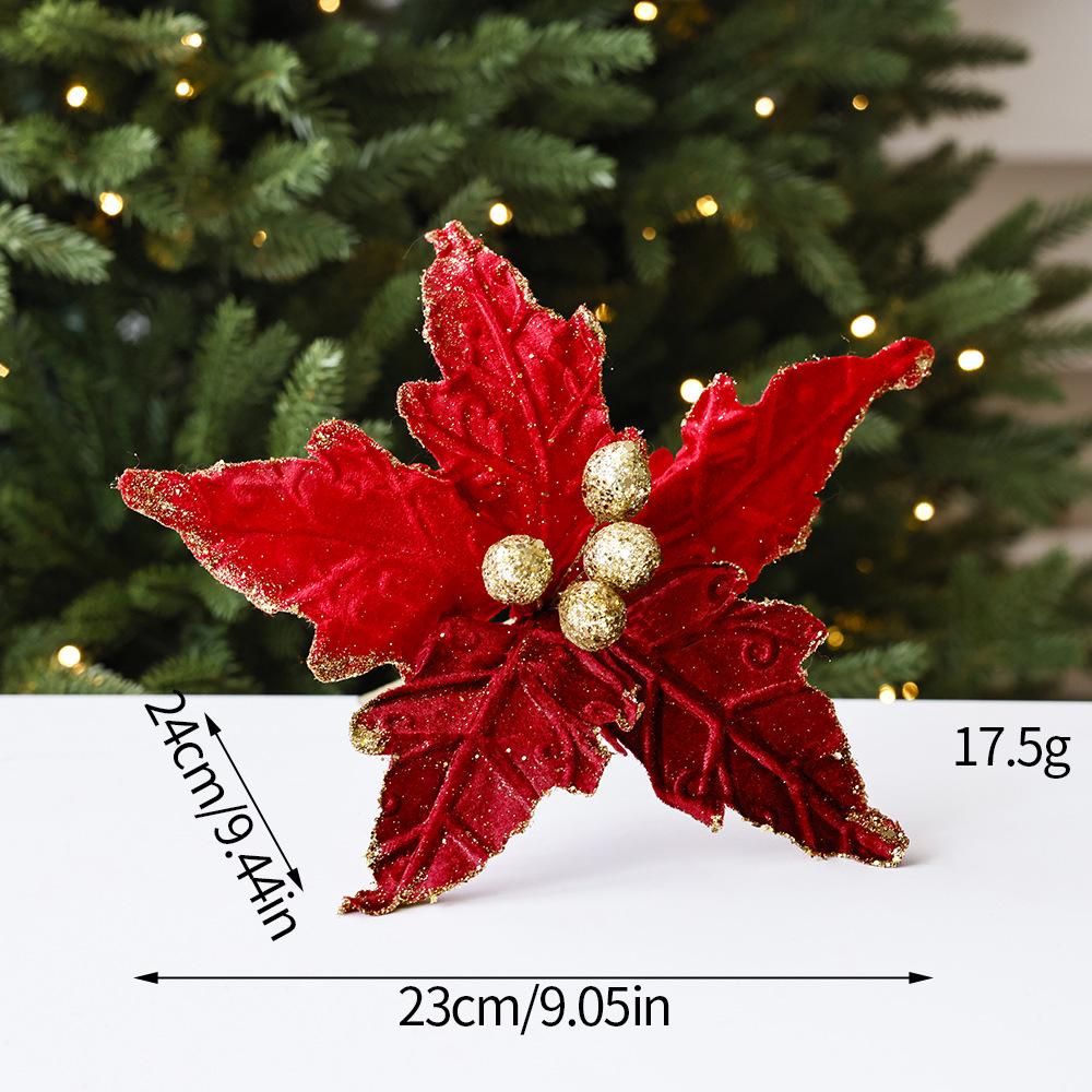 Red Velvet Christmas Flower with Gold Trim & Sequins - Holiday Decoration