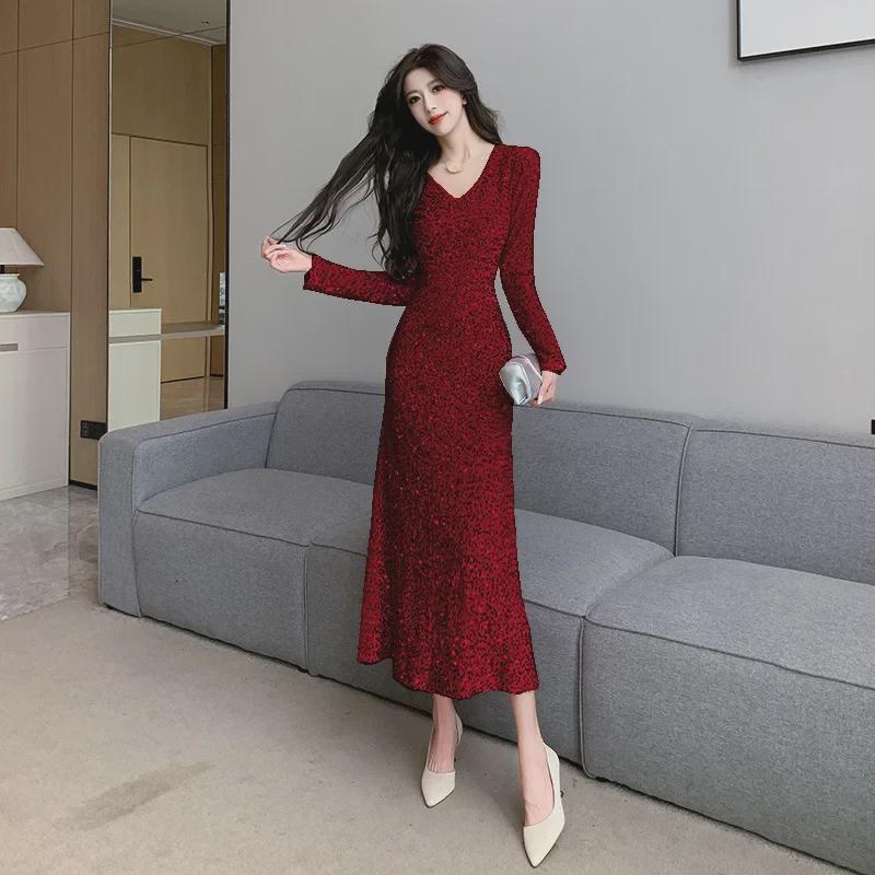 Women's V-Neck Long-Sleeve Sequin Fishtail Dress (2024 Autumn/Winter Collection)