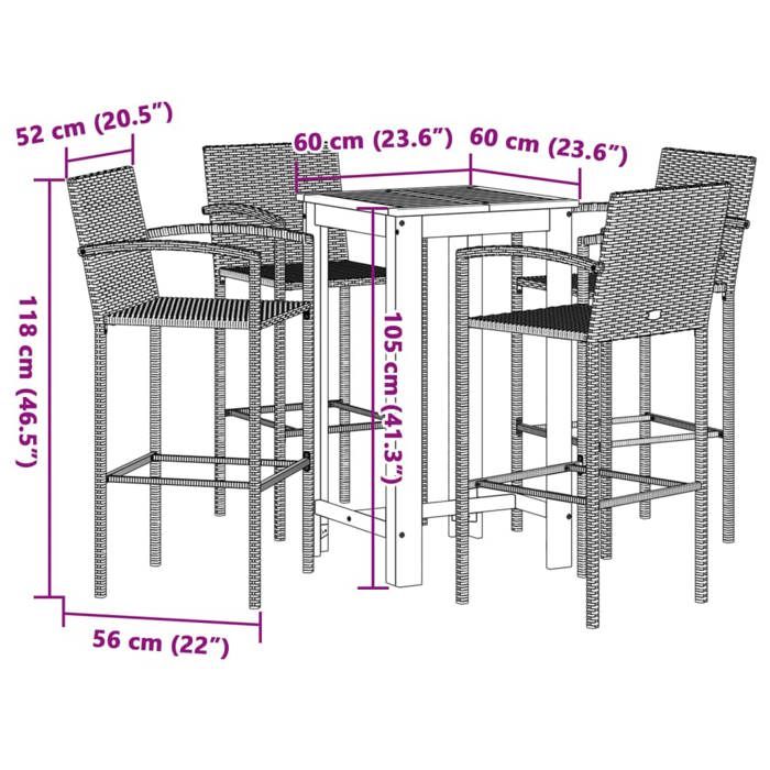 VidaXL Ensemble de bar de jardin 5 pcs gris bois massif acacia rotin, table et chaises de bar d'extérieur, ensemble de 3295277
