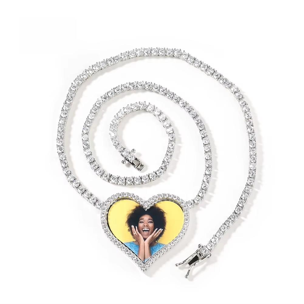Trendy Heart Picture Charm Tennis Chain Necklace For Women Geometric Bling Bling Cz Photo Memory Necklace Gold Plated heart picture tennis chain&18inch золотой