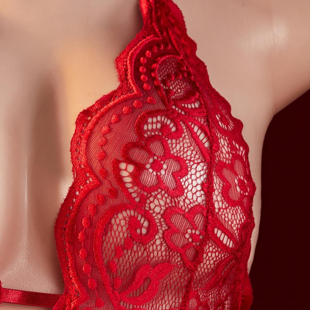 Backless Sexy Crotchless Teddy Bodysuits Lace Transparent Babydolls Nightwear Women Erotic Costume One-piece Deep V Hot Lingerie