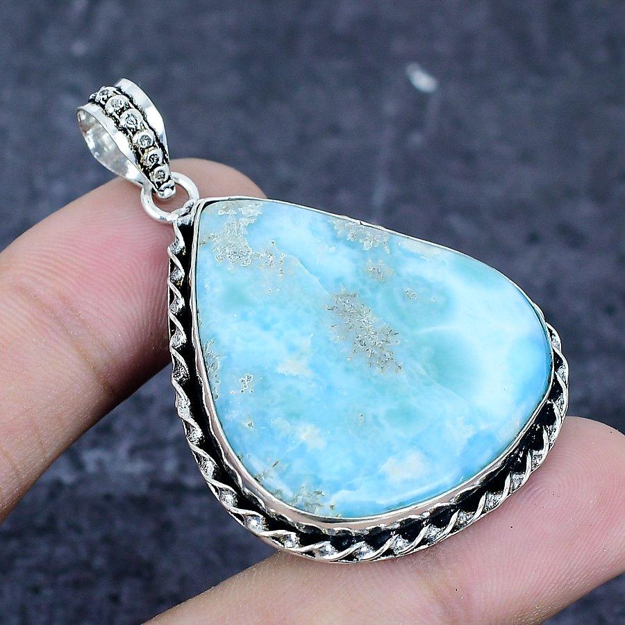 Natural Larimar Gemstone Handmade 925 Sterling Silver Jewelry Pendant 2.17" m4O88