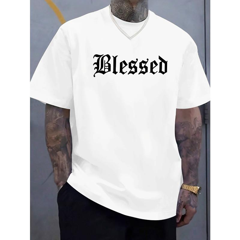 European sizes Men'S Gothic "Blessed" Print T-Shirt - Casual, Breathable Polyester, Round Neck, Summer Streetwear, Regular Fit,Gothic Tshirt