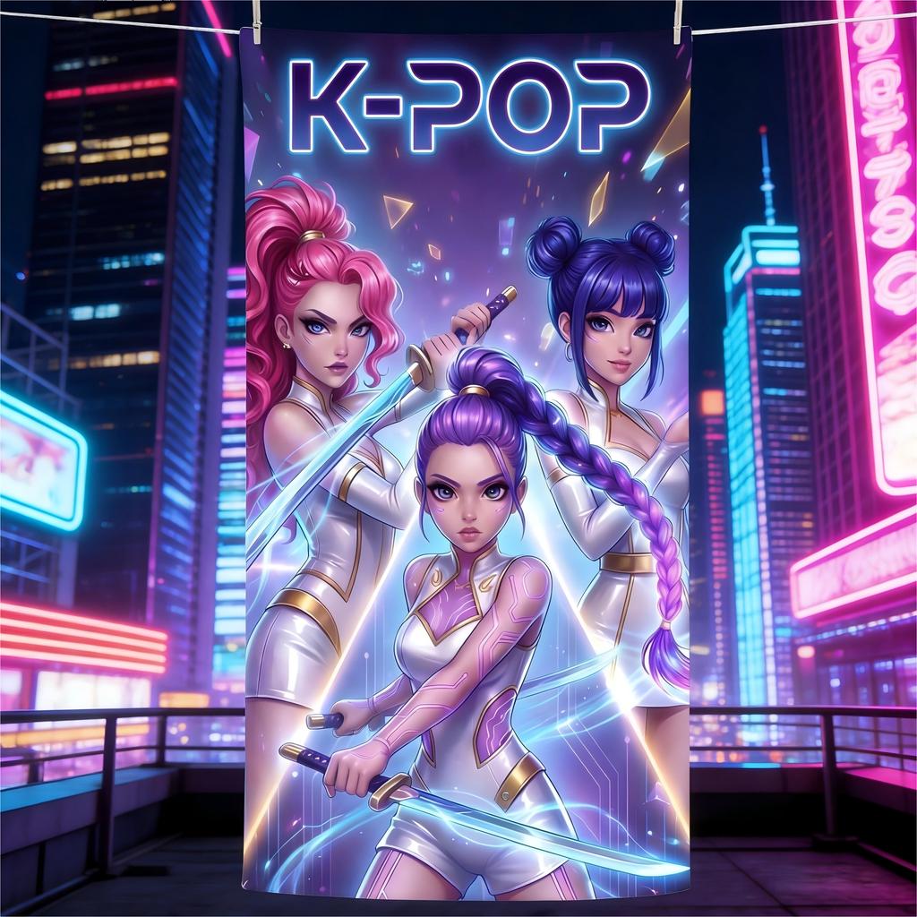 1pc K-pop K/DA Gaming Anime Girl Beach Towel Extra Large Quick Dry Microfiber Sand Free Absorbent for Pool Travel Washable