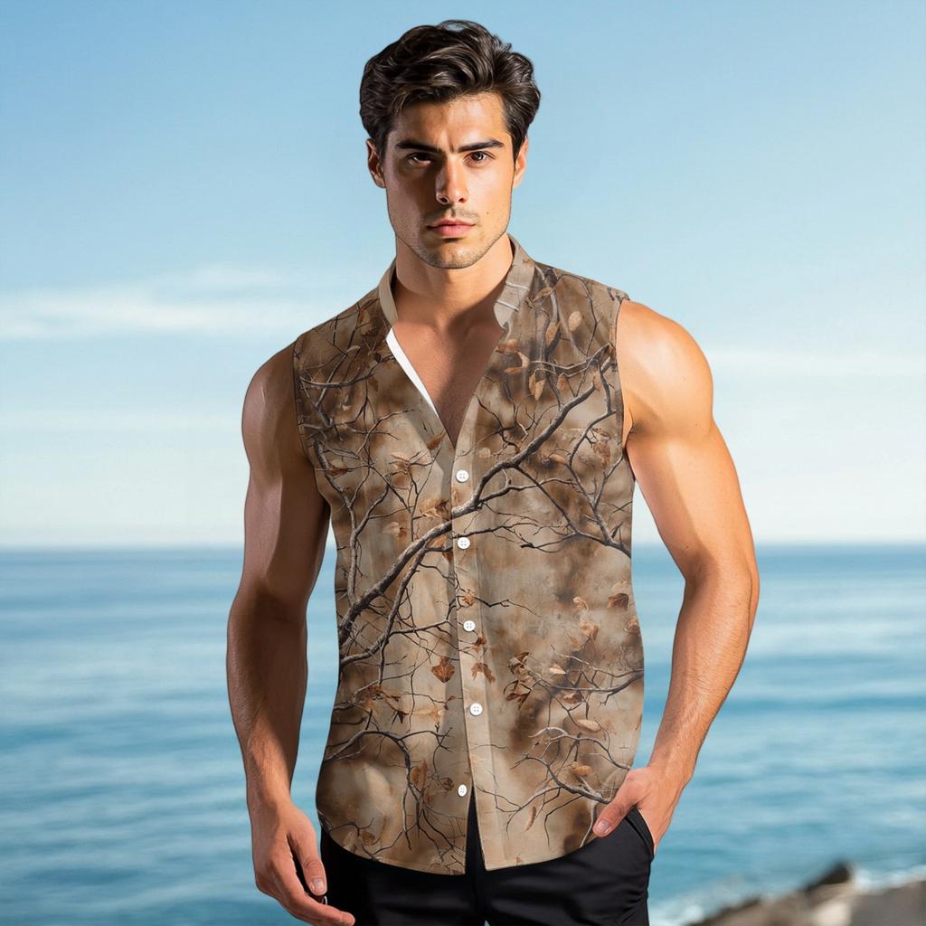 Men's Fashion Printed Sleeveless Lapel Button-Down Shirt Vest Top