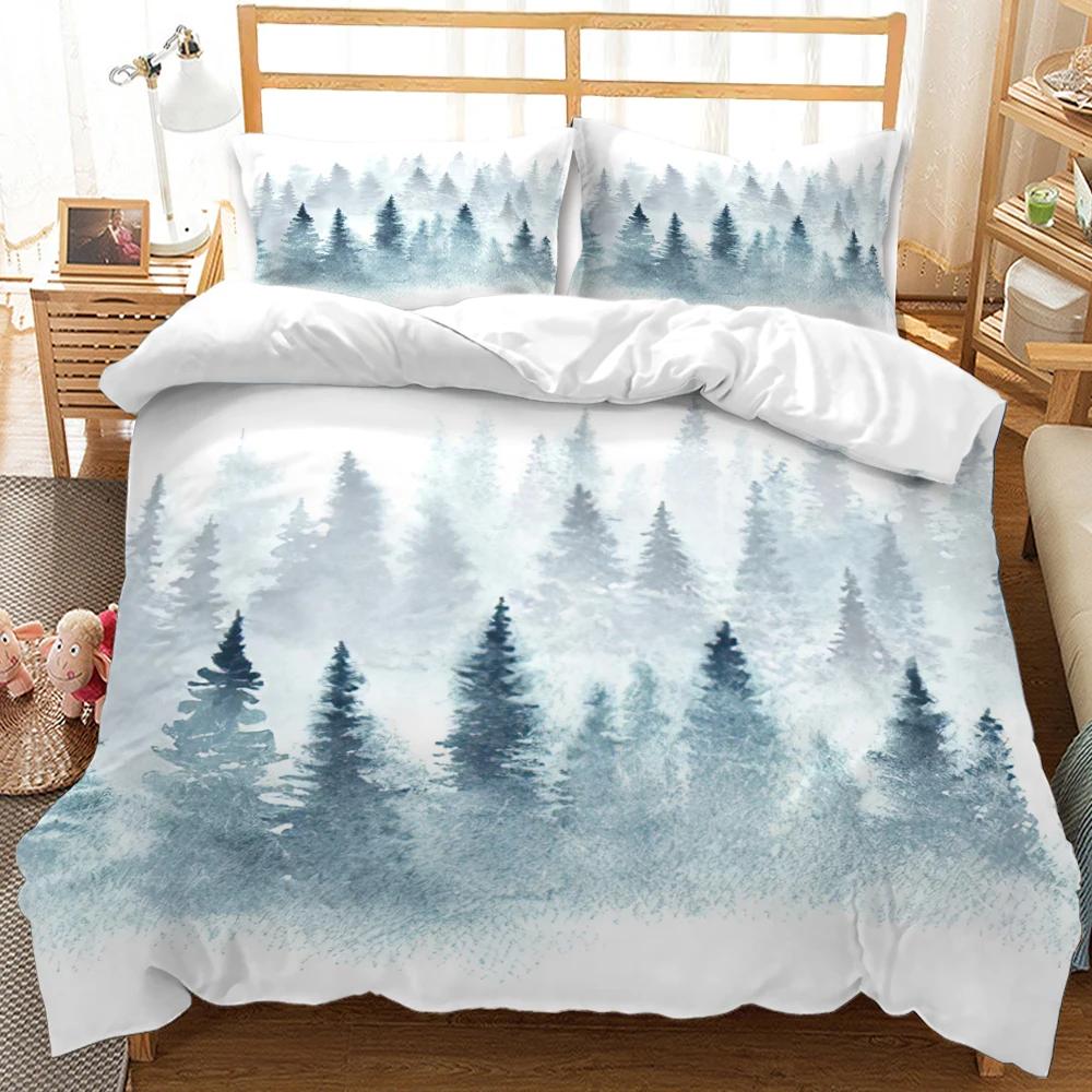 3D Mountain Forest Duvet Cover Set Snow Mountain Winter Theme King Queen Size Comforter Cover for Kid Teen Polyester Bedding Set