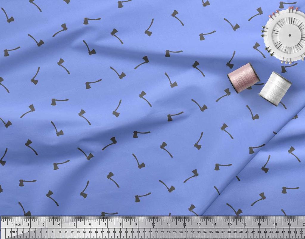 Soimoi Blue Japan Crepe Satin Fabric Axe Hardware Printed Craft Fabric by the metre 42 Inch