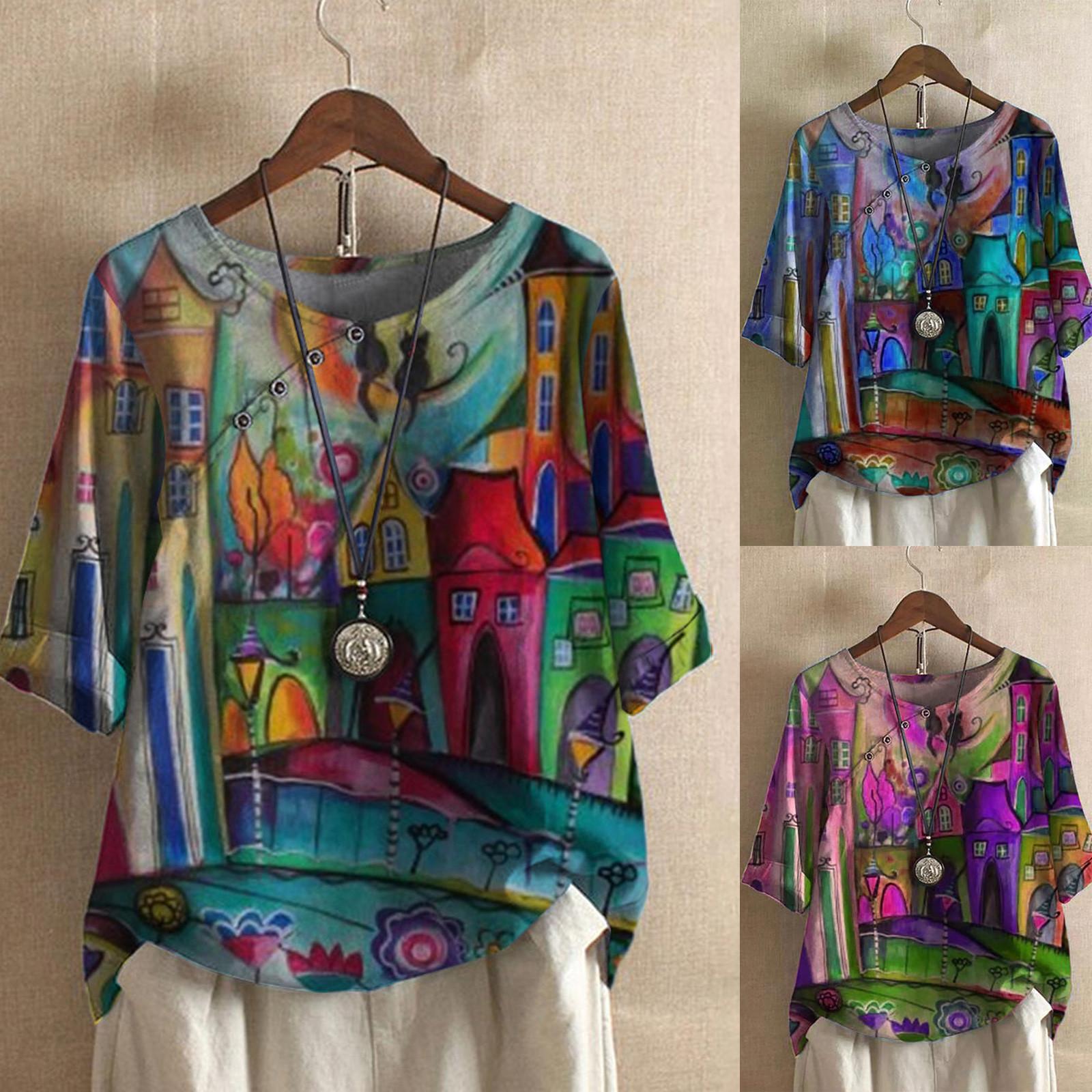 

Women Summer Tops Plus Size Buttons Flower 3/4 Sleeve Linen T-shirt Blouse Tops