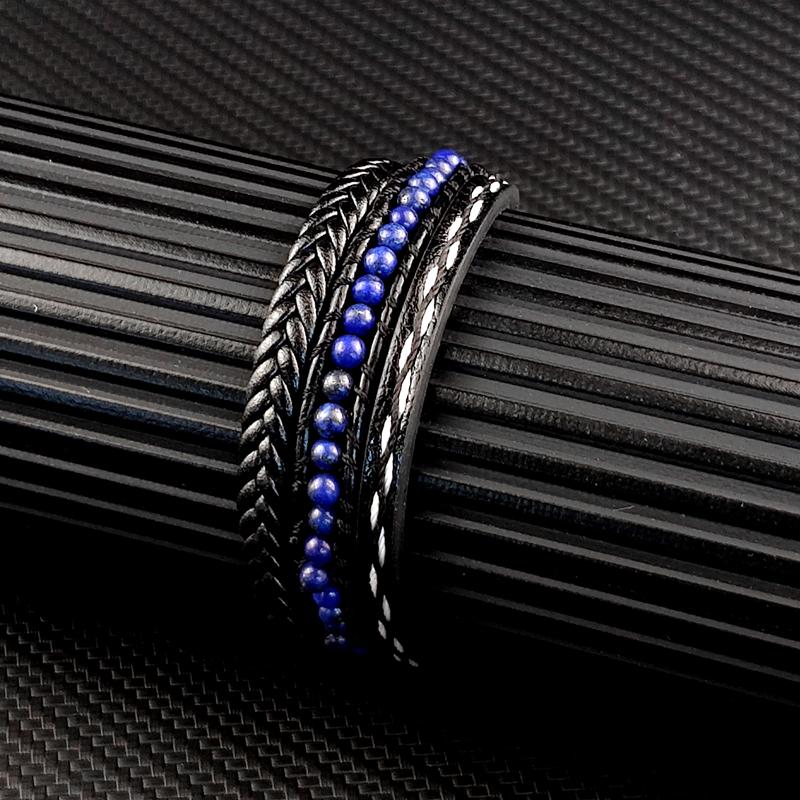 MingAo Punk Stainless Steel Beaded Custom Name Men Charm Bracelet Multi-layer Bangle Leather braid Magnet Clasp bracelet Jewelry