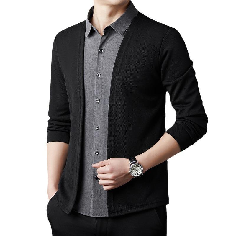 Spring and Autumn Men's Casual Fashion Fake Two-piece Shirt Collar Knitted Cardigan