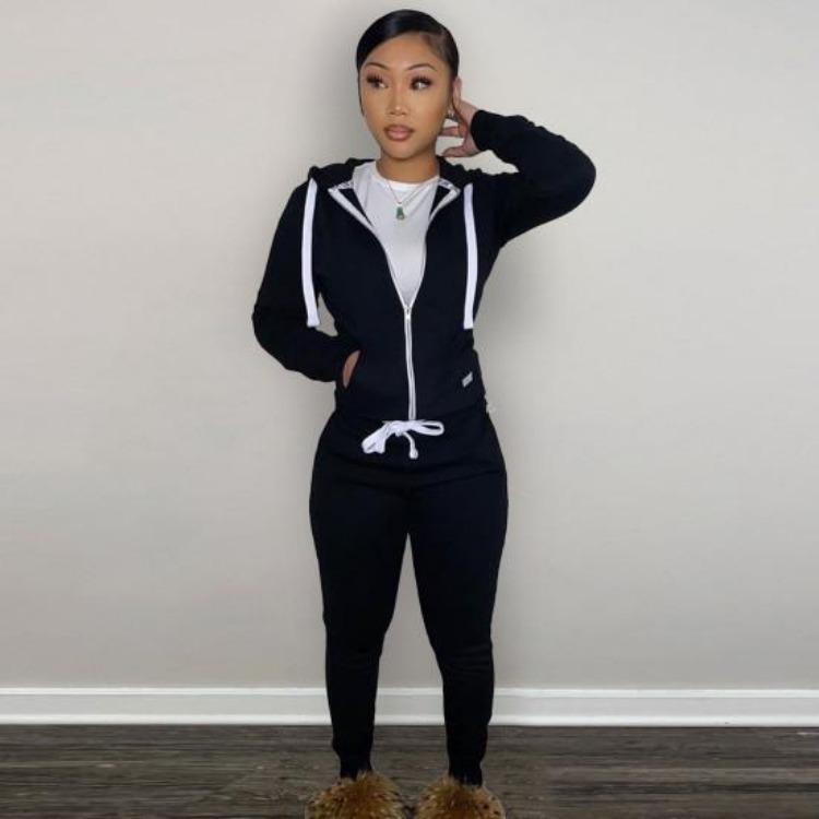 2Pcs Winter Women Tracksuit Set Fleece Lining Hooded Sweatshirt Coat with Long Sleeves Pockets Zipper Placket Elastic Waist Jogging Fall Solid Color