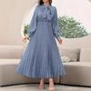 Women's Long Sleeve Pleated Dress Full Polka Dot Print Necktie Ankle-Length Skirt Without Belt Fashion