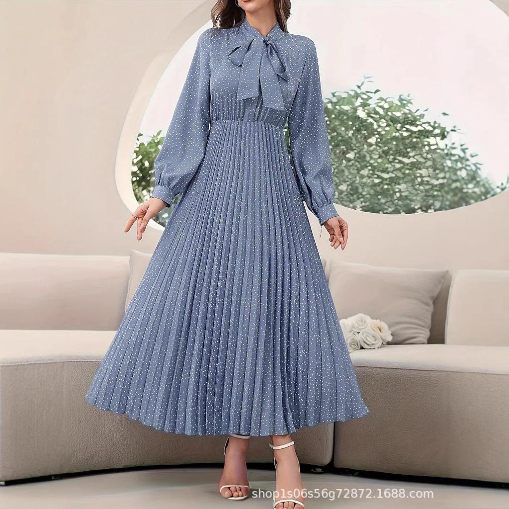 Women's Long Sleeve Pleated Dress Full Polka Dot Print Necktie Ankle-Length Skirt Without Belt Fashion