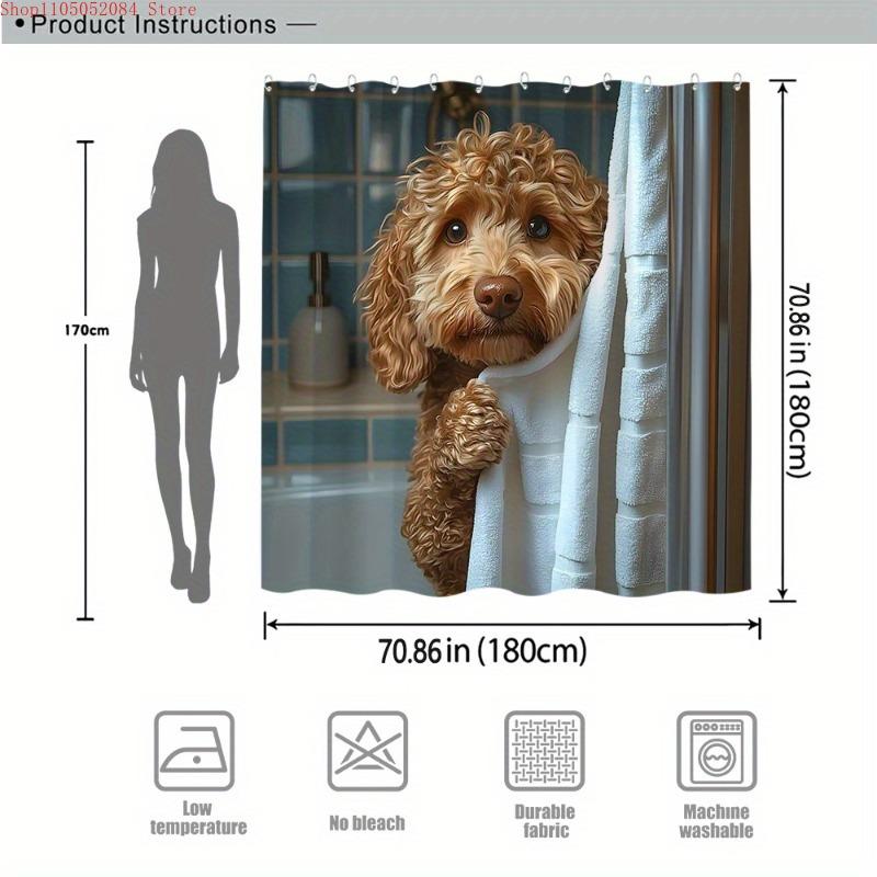 1pc adorable poodle puppy peeking bath towel digital shower -   With Hooks Waterproof Mildew Proof Easy Install Washable