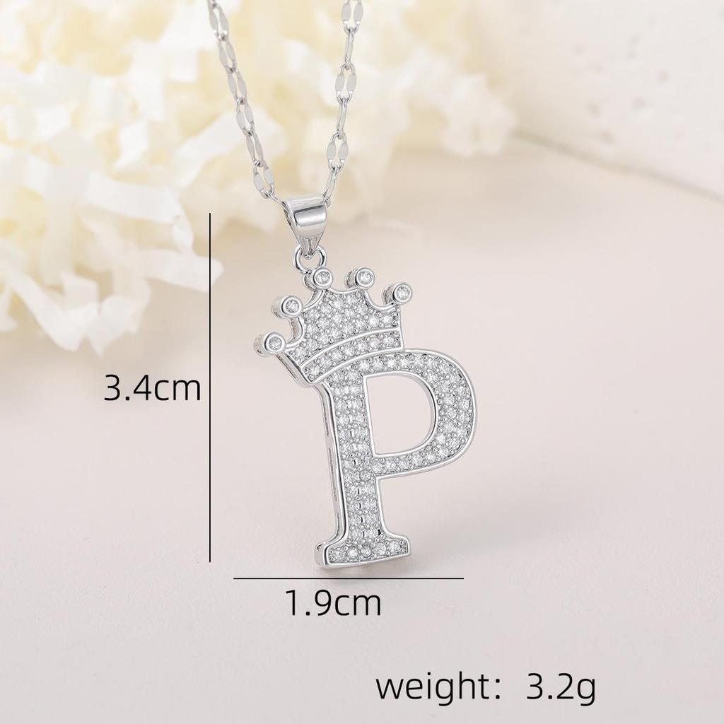 Copper Micro-Inlaid Zircon Crown Letter Pendant Necklace - Hip-Hop Silver Fashion
