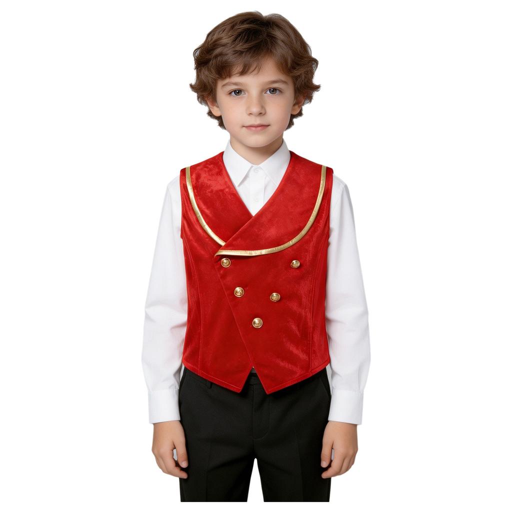 Boys Gothic Medieval Velvet Waistcoat Metallic Trim Lapel Collar Sleeveless Button Irregular Hem for Halloween Stage Theme Party