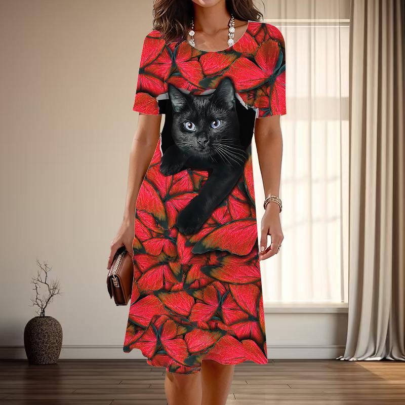 

Женская мода изящный черный кот принт лето весна короткий рукав О-образный вырез повседневные платья S красный