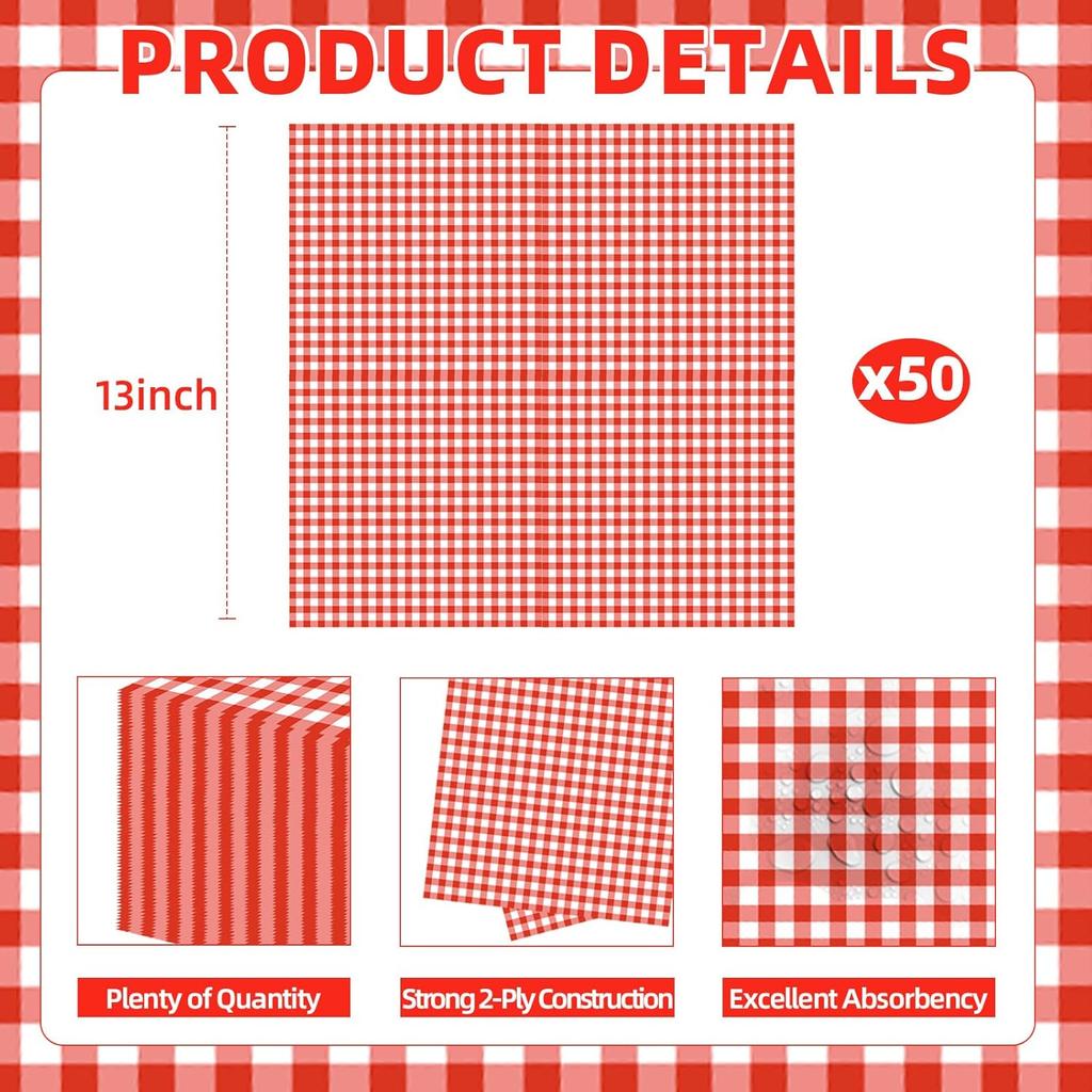 50 Count Red and White Gingham Paper Napk, Disposable Checkered Cocktail Napk for Picnic, BBQ, Farmhouse Party, Summer Birthday, 4th of July, Rustic