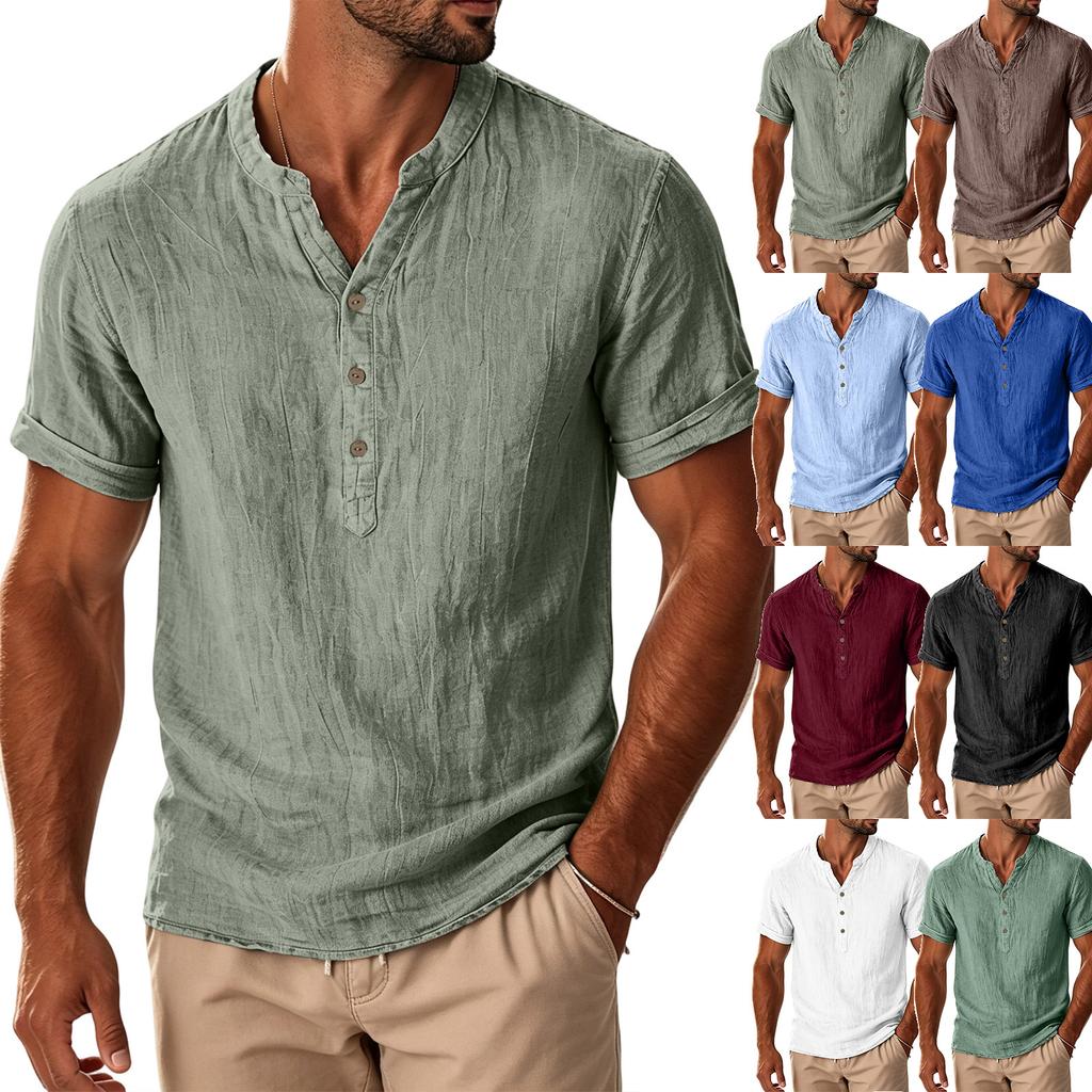 Mens Casual Button Neck Lightweight Short Sleeve Shirt Breathable Relaxed Fit Summer Top for Everyday Wear