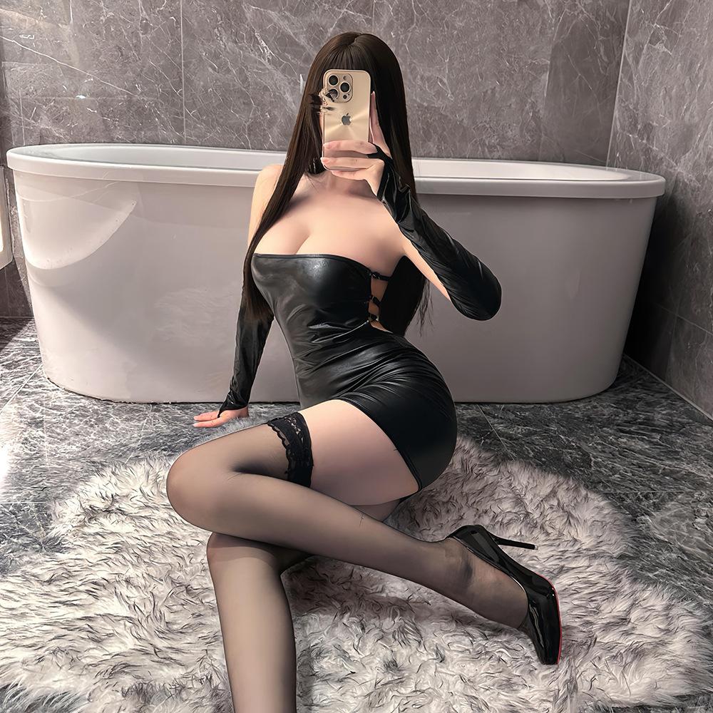 Sexy Outfit Patent Leather Pure Desire Young Woman Temptation Hot Uniform Dress Elegant Tank Mini Dress Sexy Korean Nbm8