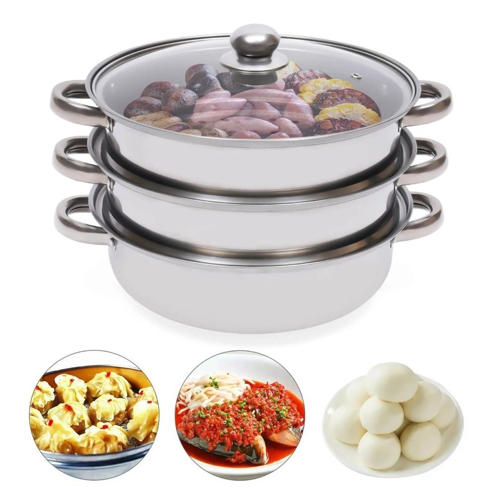 3 Tier Stainless Steel Steamer 28cm with Glass Lid Steaming Cooker Thickened Cookware Multifunctional Cooking Pot
