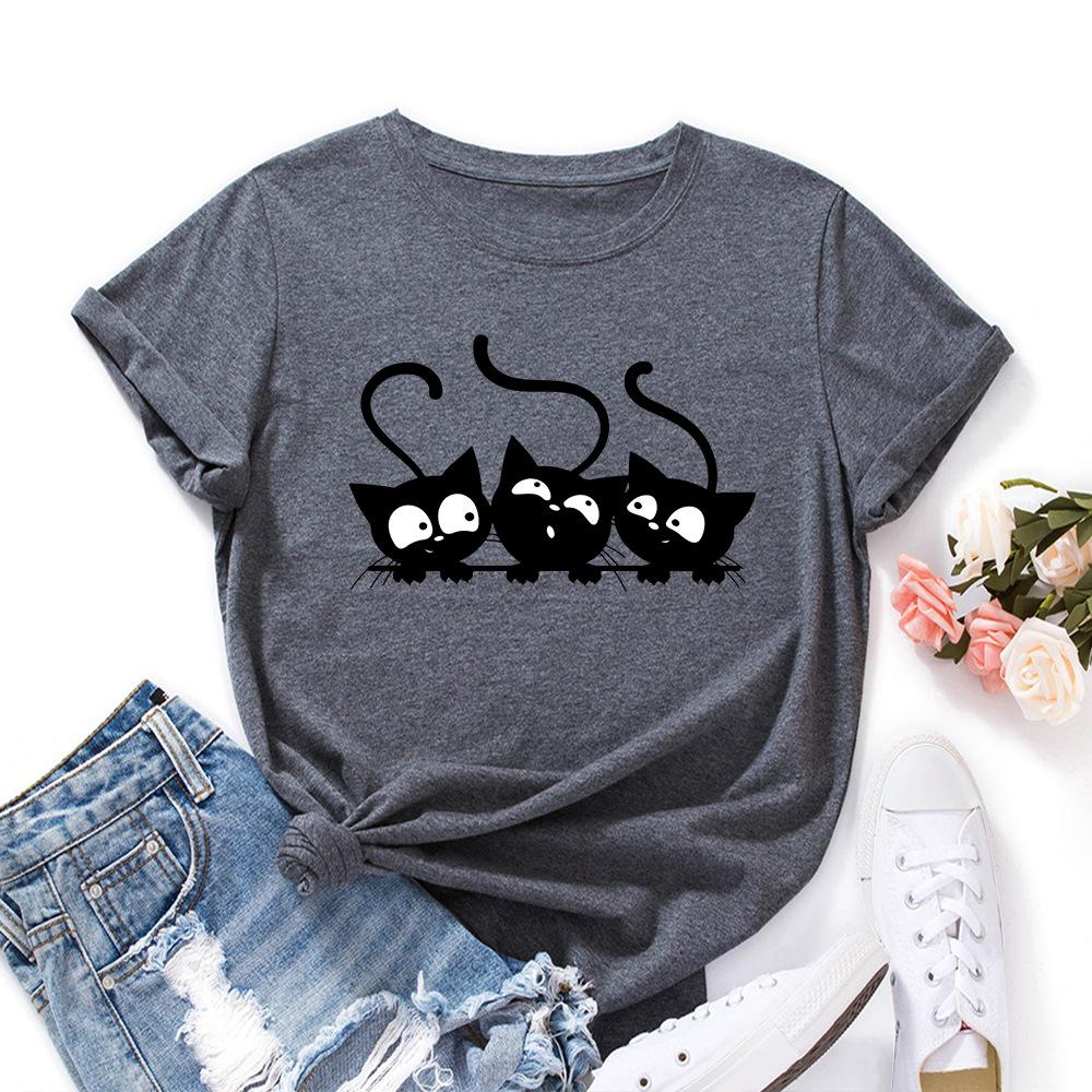 Cotton T-Shirt Short Sleeve Round Neck Women 2d Print Tops