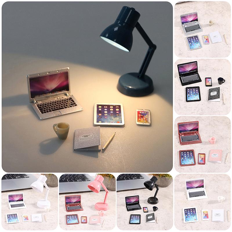 1:12 Dollhouse Miniature Laptop Phone Tablet Desk Lamp Book Desk Set Decor Toy