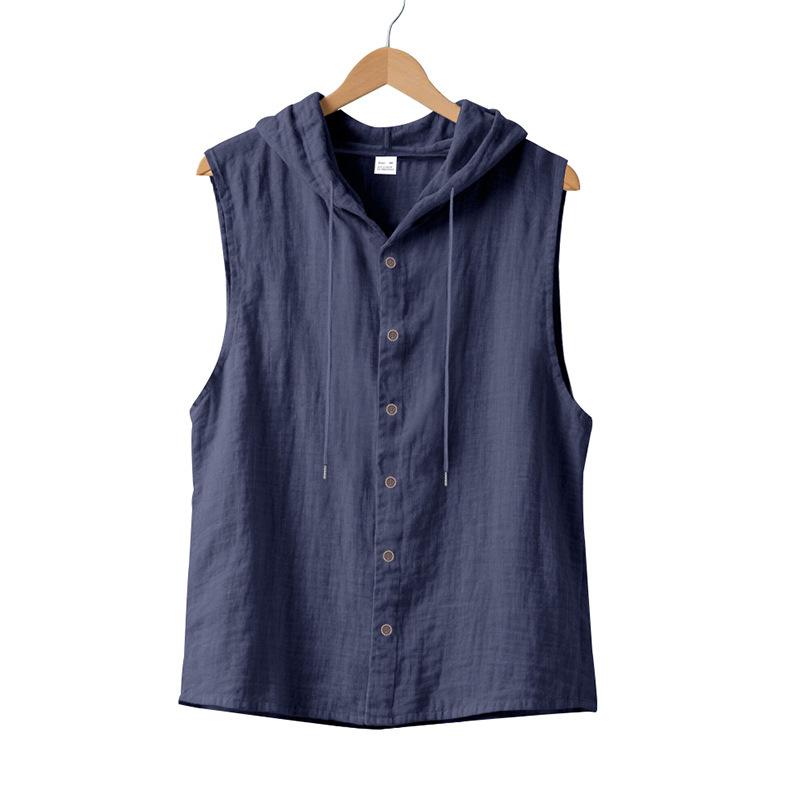 2025 Summer Mens Sleeveless Shirt New Men Loose Casual Linen Hooded Shirt Male Thin Waistcoat Male Trendy Casual Shirt