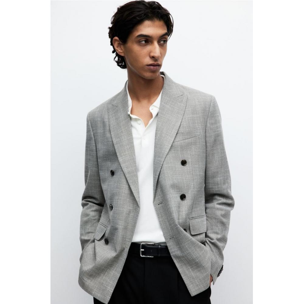 H M Double Breasted Jacket Regular Fit Dark Beige Melange