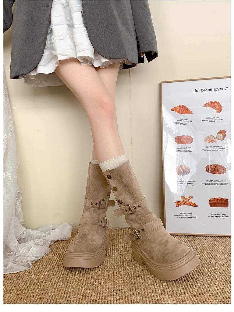 Women's Khaki Ankle Boots with Thick Sole, Chunky Heel, Elastic Slimming Fit, and Two-Way Wear for Spring