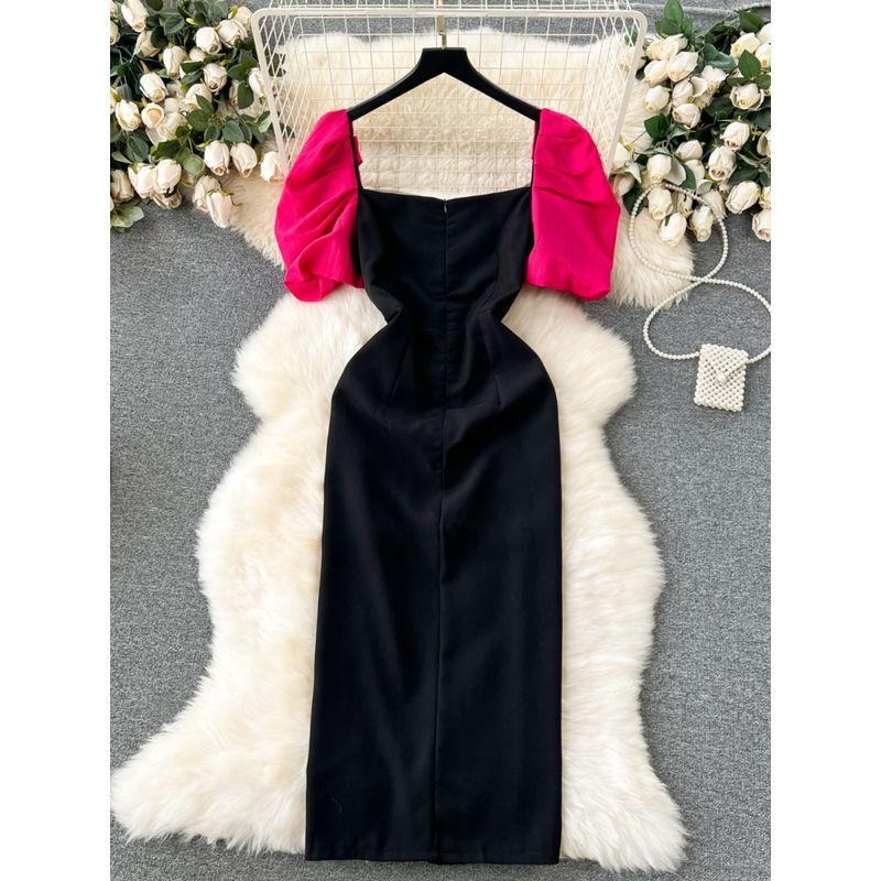Accessible Luxury Socialite Style Fancy Dress Women's Puff Sleeves Square Collar Patchwork Waist-Slimming Stylish Niche Style Split Dress