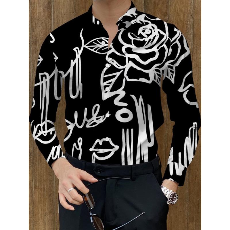 Men's Rose Graffiti Printed Long Sleeve Shirt, Collar Cardigan Shirt, European and American Trendy Casual Versatile Top