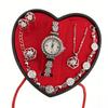 Fashionable Rhinestone Women’s Watch Set Romantic Heart Shaped Jewelry Gift Set Elegant Box Included Valentine Accessory