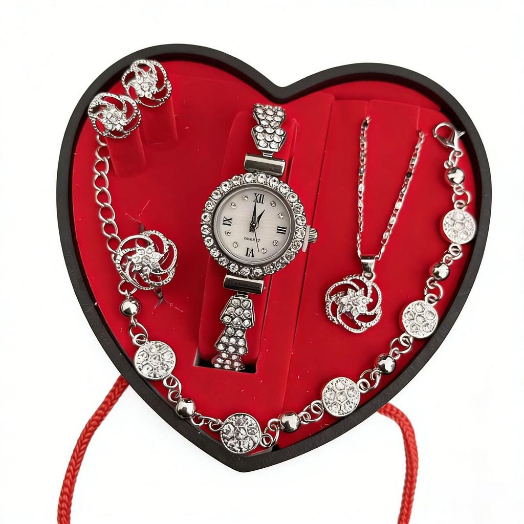 Fashionable Rhinestone Women’s Watch Set Romantic Heart Shaped Jewelry Gift Set Elegant Box Included Valentine Accessory