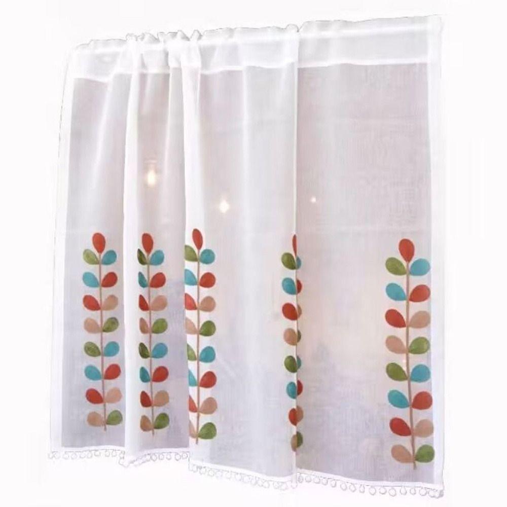 Semi Sheer Voile Drapes Embroidered Leaves Short Curtains Home Decoration Bath Curtain  Cafe