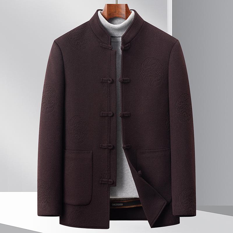 Men's Retro Double-Sided Nylon Down Tang Suit Coat with Stand Collar and Frog Buttons
