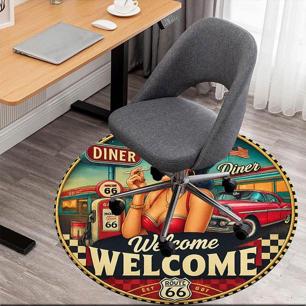 

Route 66 Diner Welcome Sign Pinup Girl ArtworkRound Non-Slip chair mat chair carpet for office Rugs for Office Decor Gift For Valentine s Day Mother s 80cm by 80cm