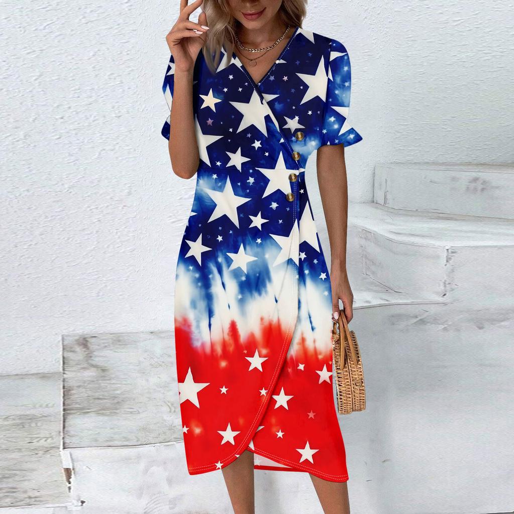 Strandkleider für Damen Frühling Sommer Elegant Wickel V-Ausschnitt Unabhängigkeitstag Print Kleid Fließend Gerafft Hawaiianisches Maxikleid