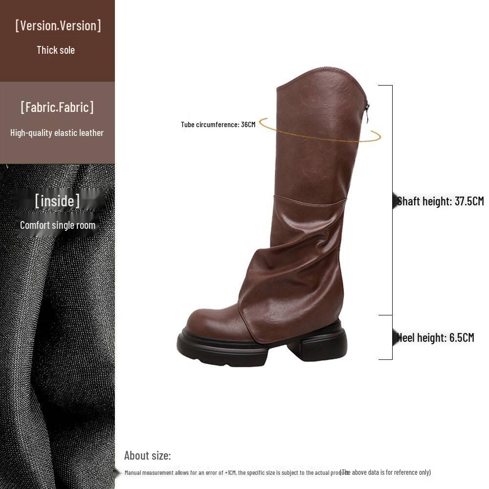 Women's Soft Leather Knee-High Ruched Boots with Thick Sole - 2024 Autumn/Winter