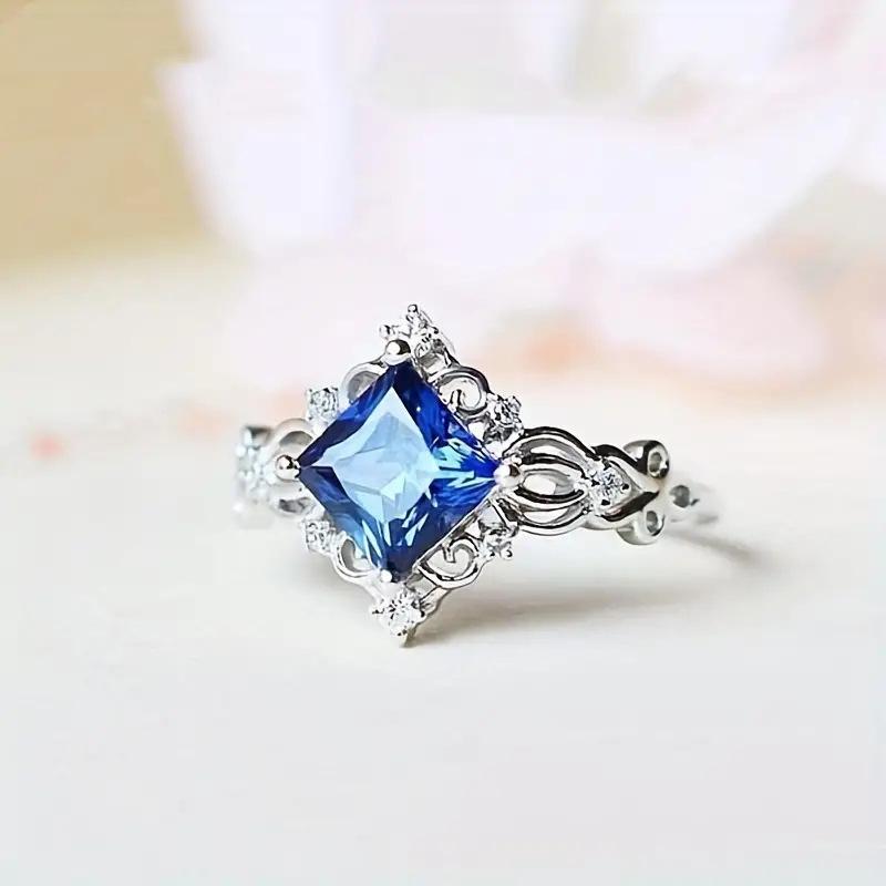 Princess Pattern Sea Blue Imitation Gemstone Index Finger Ring, Inlaid With Rhombus Zircon, Noble Exquisite Index Finger Ring