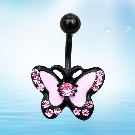 Women Rhinestone Butterfly Stainless Steel Body Piercing Belly Button Navel Ring