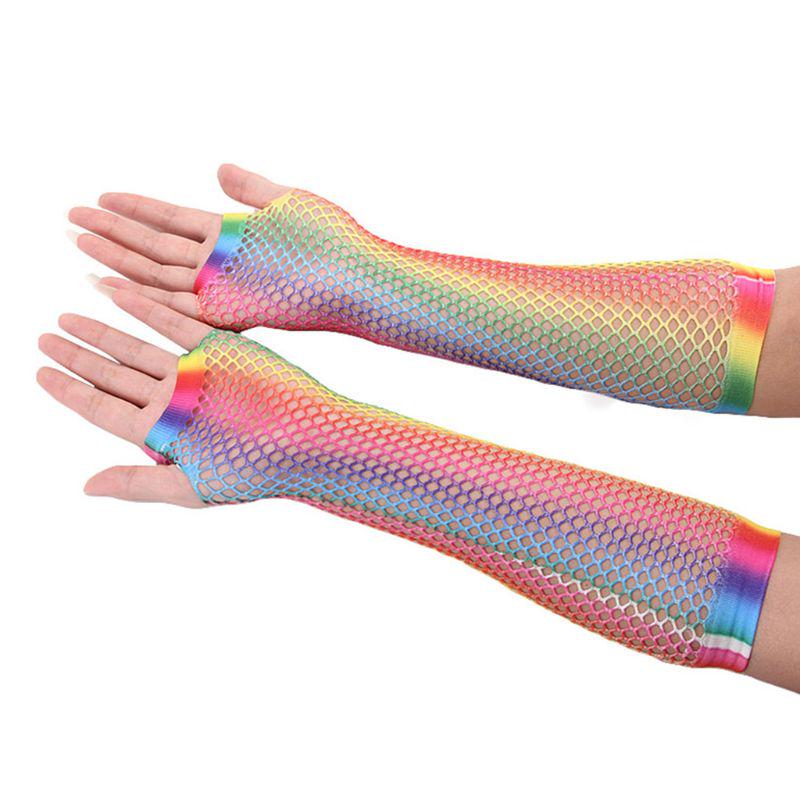 Women Gloves Hollow Out Holes Steampunk Gothic Disco Dance Party Costume Fingerless Rainbow Mesh Long Fishnet Mittens