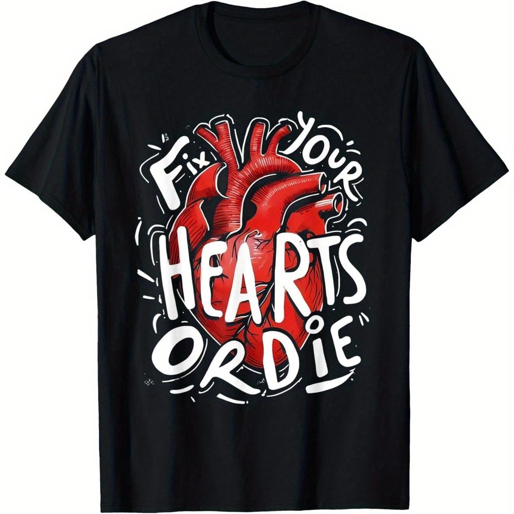 Fix Your Hearts Or Die Graphic Tee Bold Red Heart Print Casual Cotton T-Shirt Daily Wear