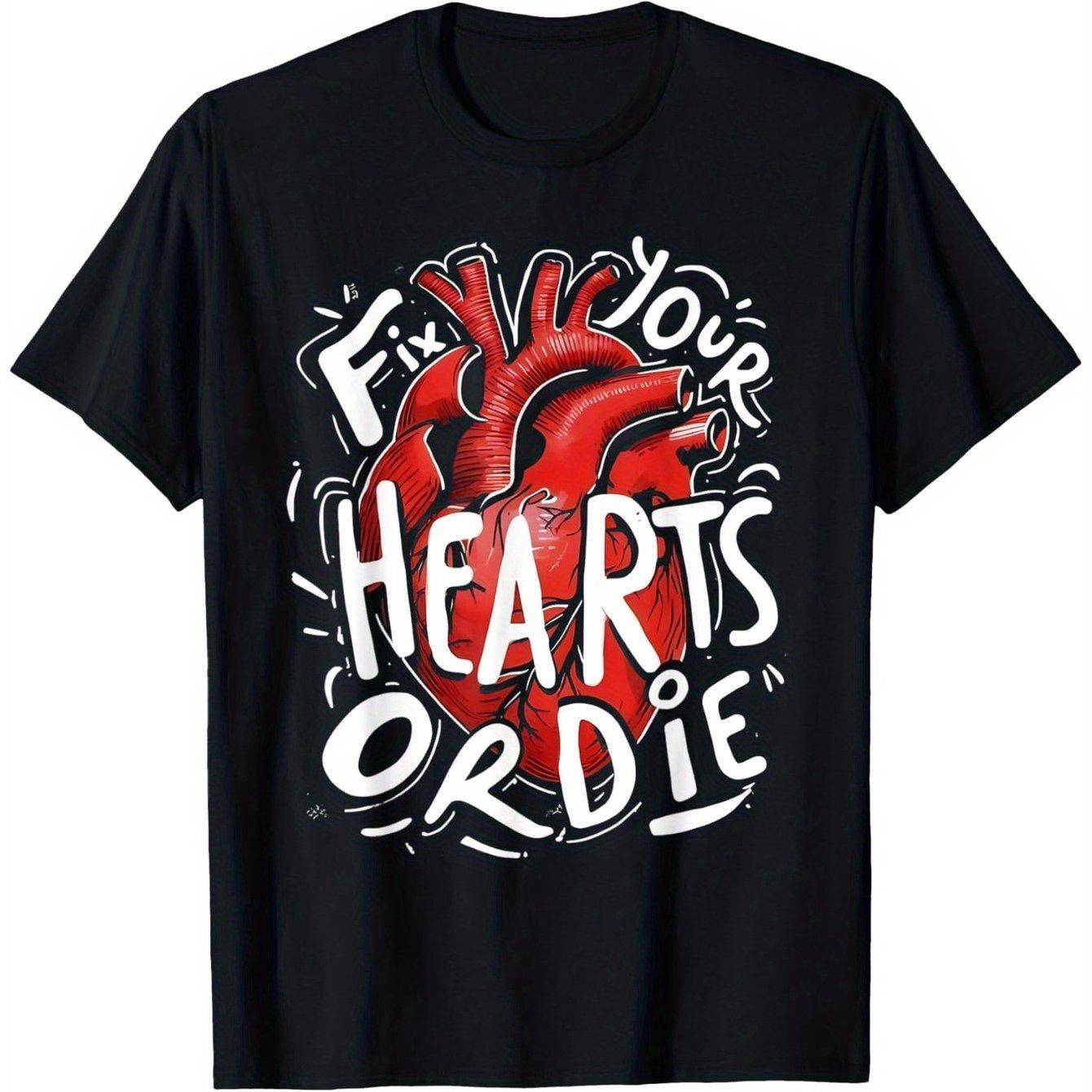 Fix Your Hearts Or Die Graphic Tee Bold Red Heart Print Casual Cotton T-Shirt Daily Wear S