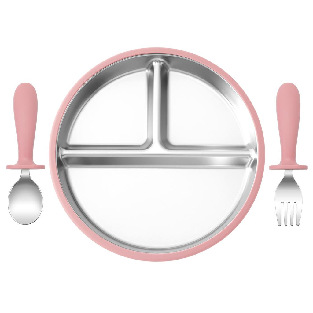 Color Kids 3PCS Stainless Steel Feeding Set Divided Plates With Silicone Sucker Toddler Training Fork Spoon BPA Free Tableware