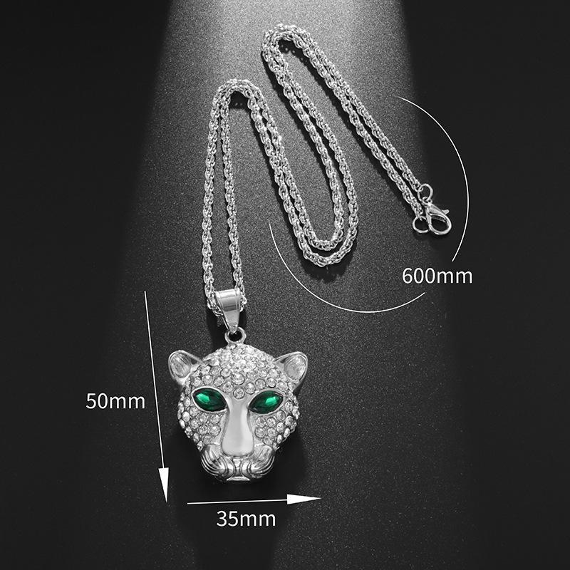 European and American Cross Border Fashion Personality Stainless Steel Full Diamond Leopard Head Pendant Trendy Necklace for Both Men and Women