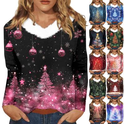 Women's T Shirt Shirt Long Sleeve Christmas Party Printed Plush Collar V Neck  Top
