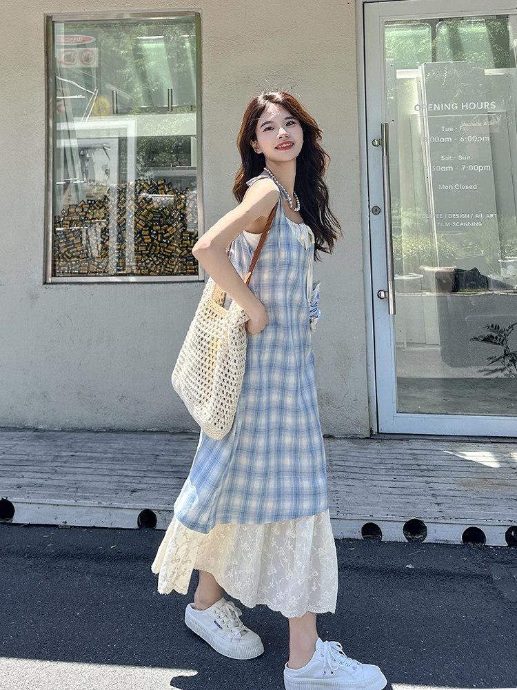 Women s Blue Plaid Camisole Dress - 2026 Spring/Summer Two-Piece Beach/Vacation Long Dress One size красный
